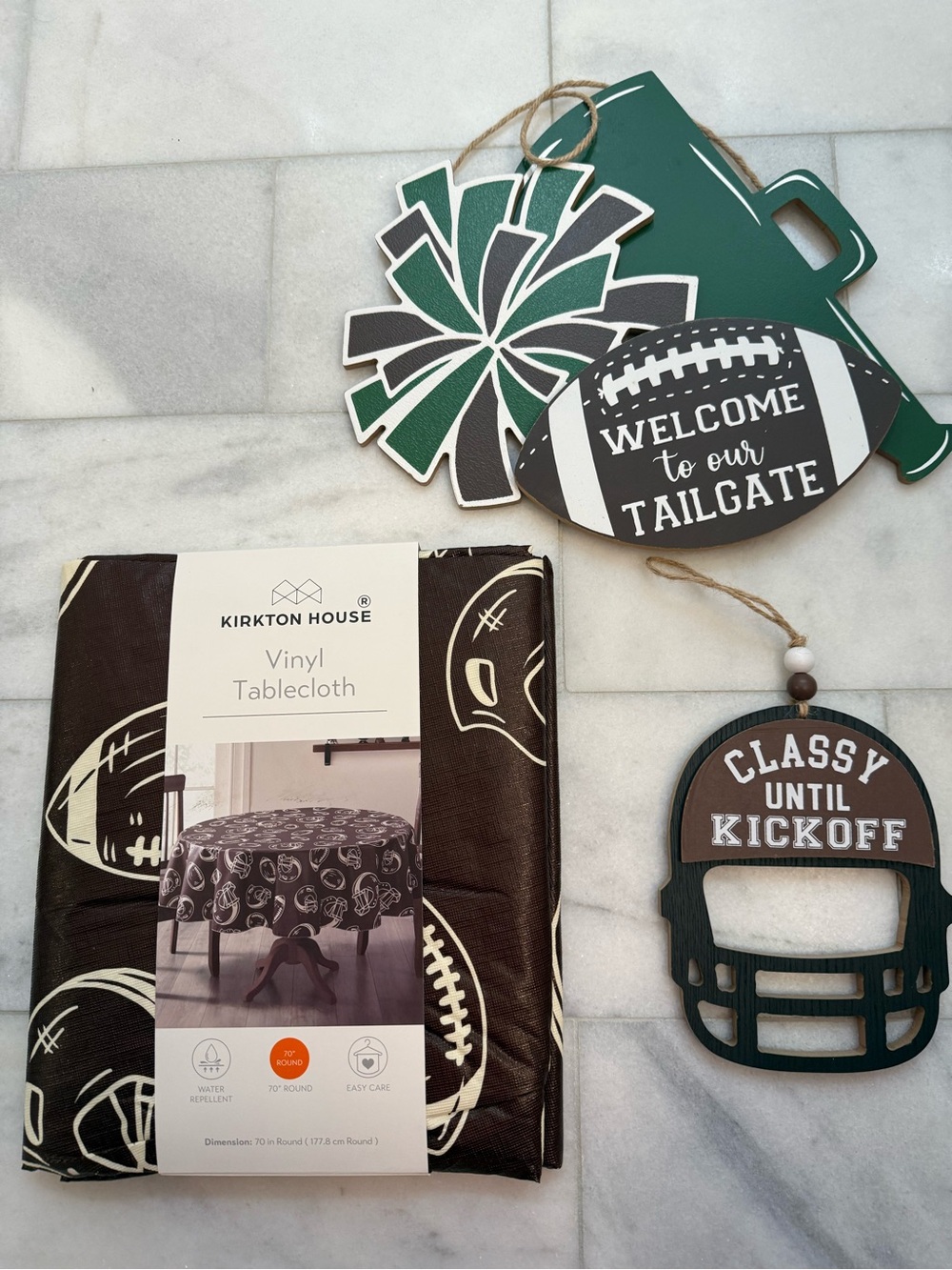 Game Day Bundle. 70” round tablecloth. 2 swing signs included.